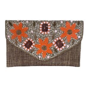 David Jeffrey Beaded Clutch Purse w/Shoulder Strap Tan Brown Orange Flowers